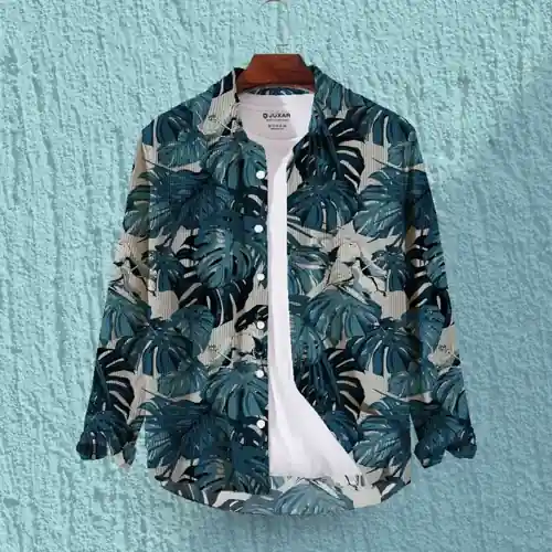 BLUE MONSTERA - FULL SLEEVE PRINTED CORDUROY SHIRT